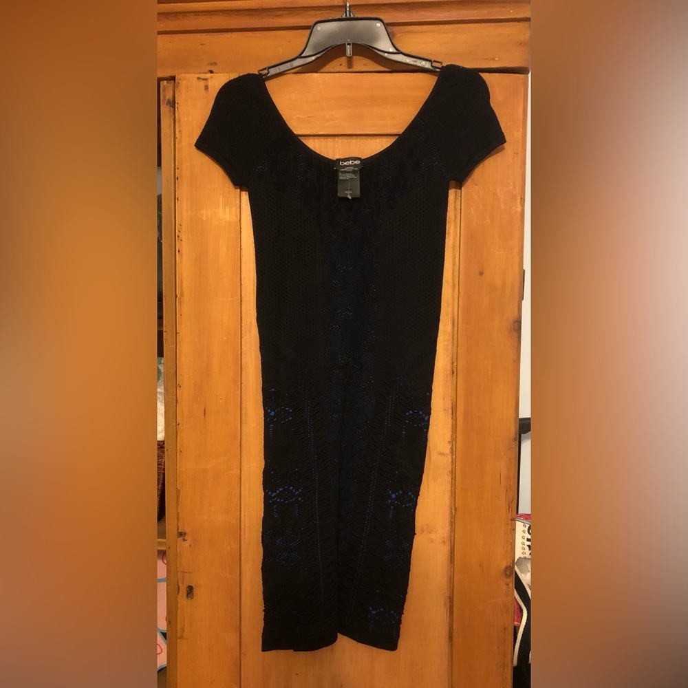 Bebe stretchy body forming dress - black with blue underly